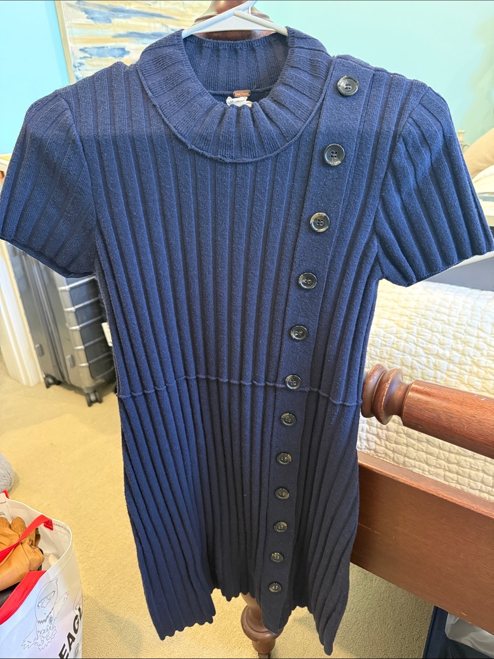 Navy Ribbed Button-Front Knit Dress